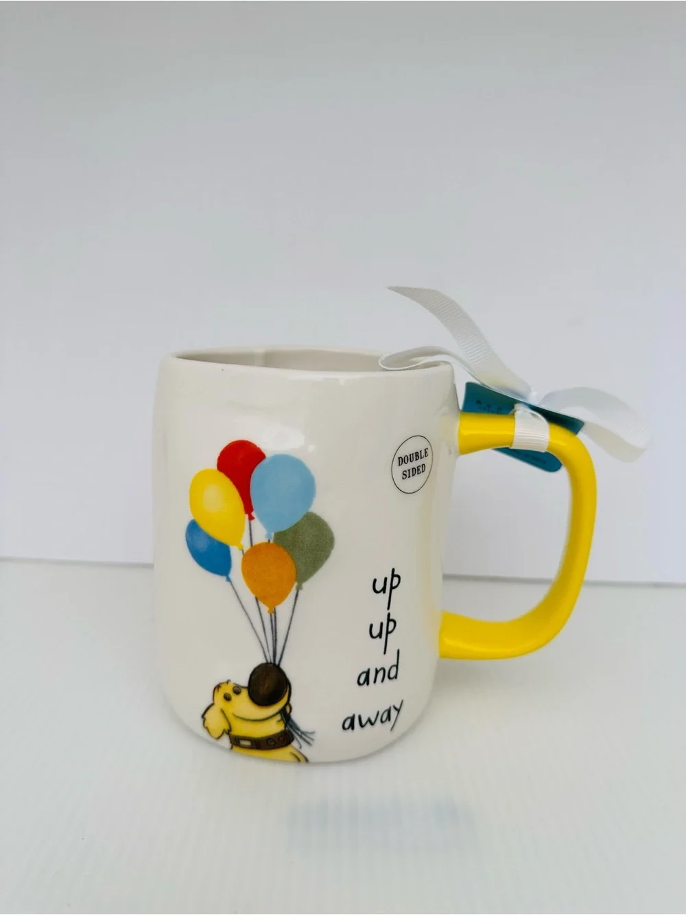 Ceramic Mug with Yellow Handle and Colorful Balloons - 'Up Up and Away'